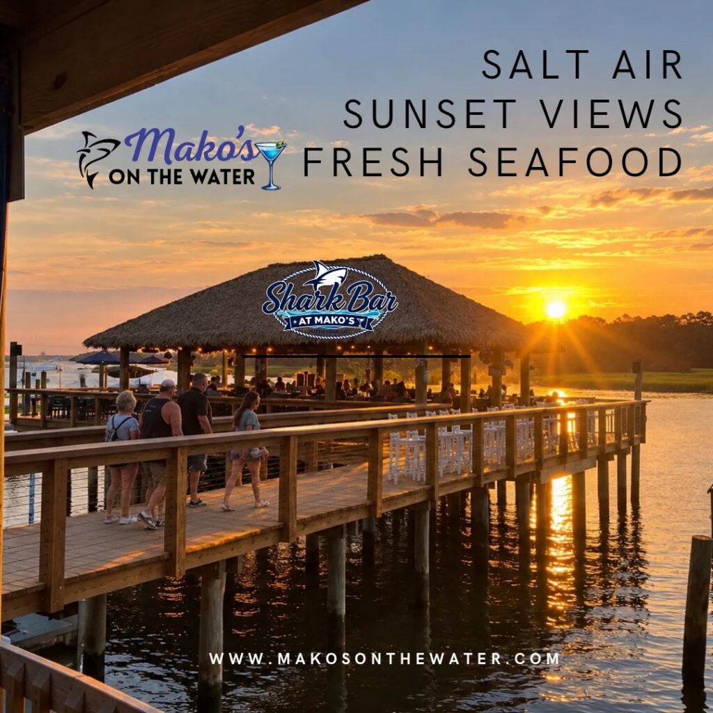 social media graohic with shark bar at sunset with makos and shark bar logos
