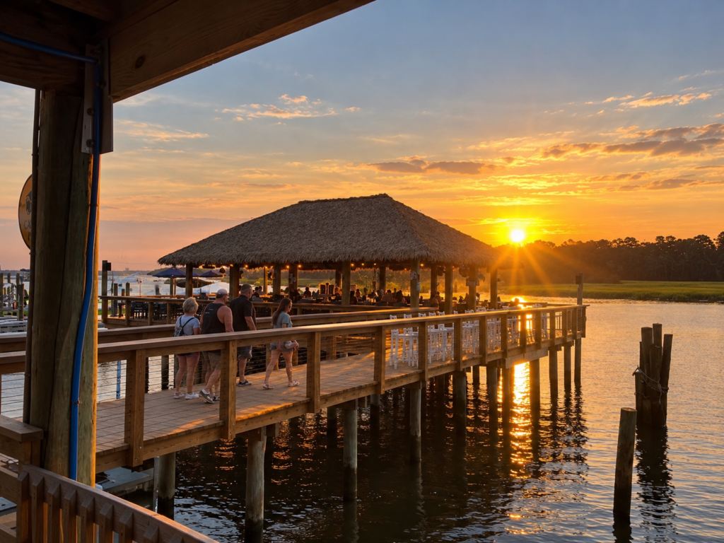 sunset view of the shark bar with people walking down the dock for happy hour