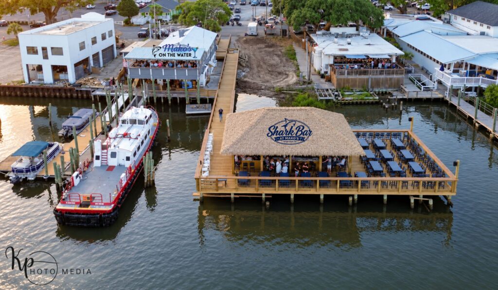 aerial view of the shark bar and makos on the intercostal water way in little river south carolina