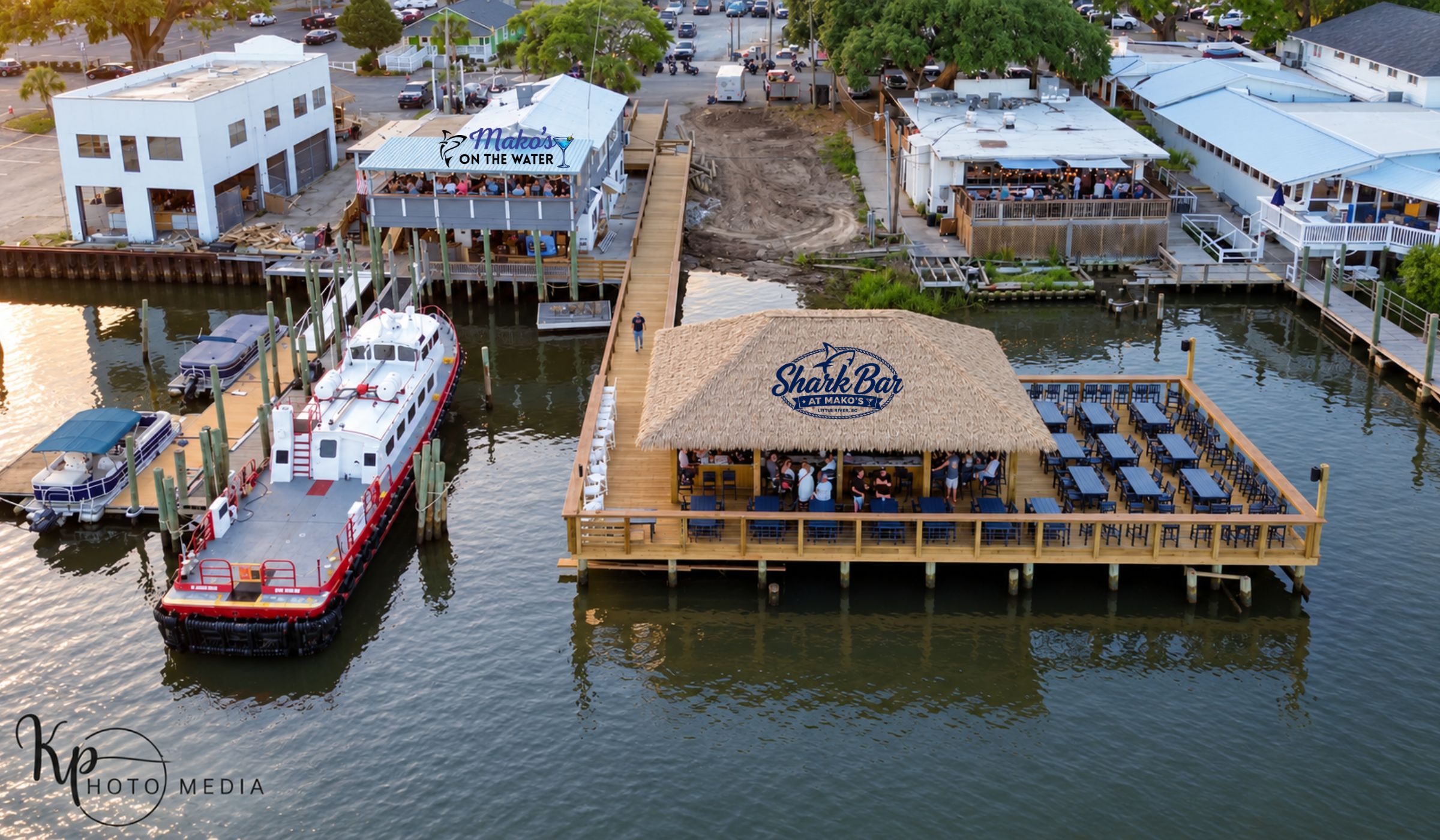 aerial view of the shark bar and makos on the intercostal water way in little river south carolina