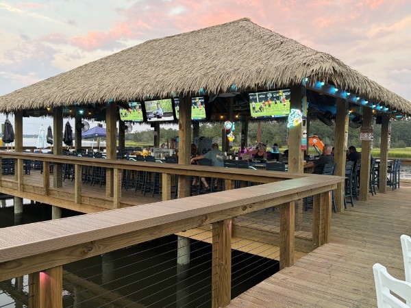 the shark bar at makos close up showing the tvs for guest enjoyment