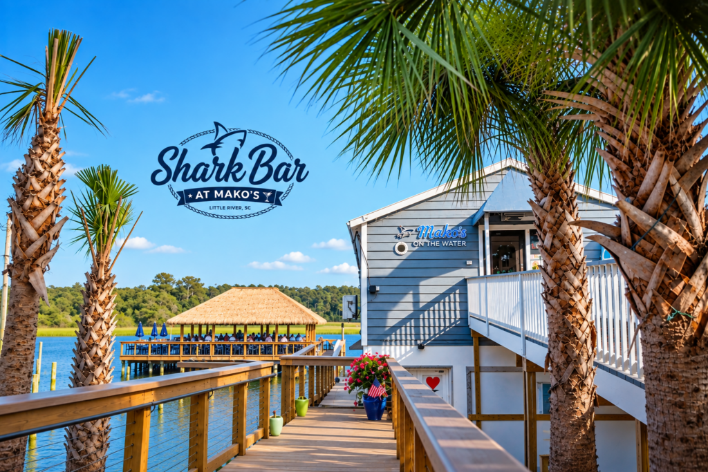 view from entrance to Makos on the water with the shark bar beyond with logo